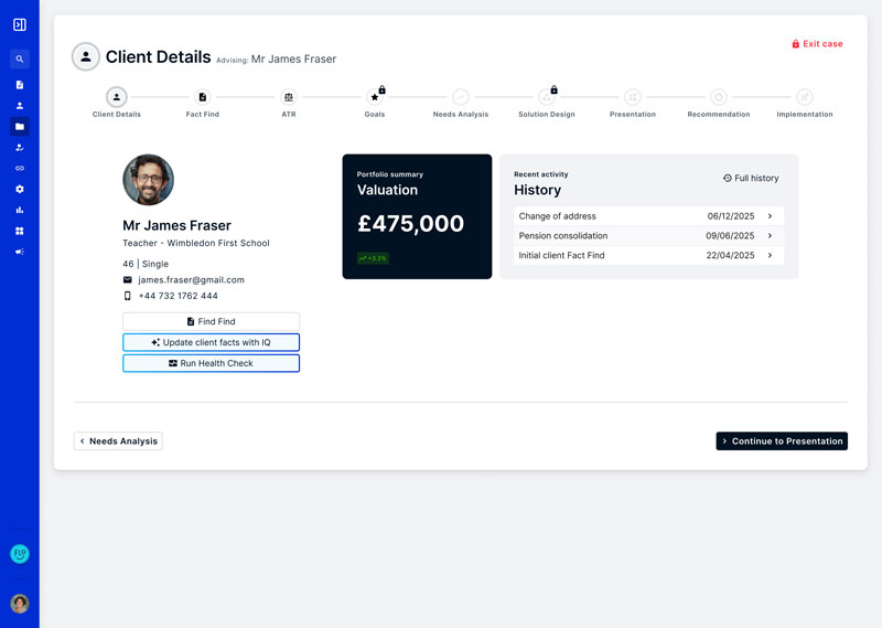 Client-Details intelliflo office Next Gen dashboard with an assistant proposing the day’s actions