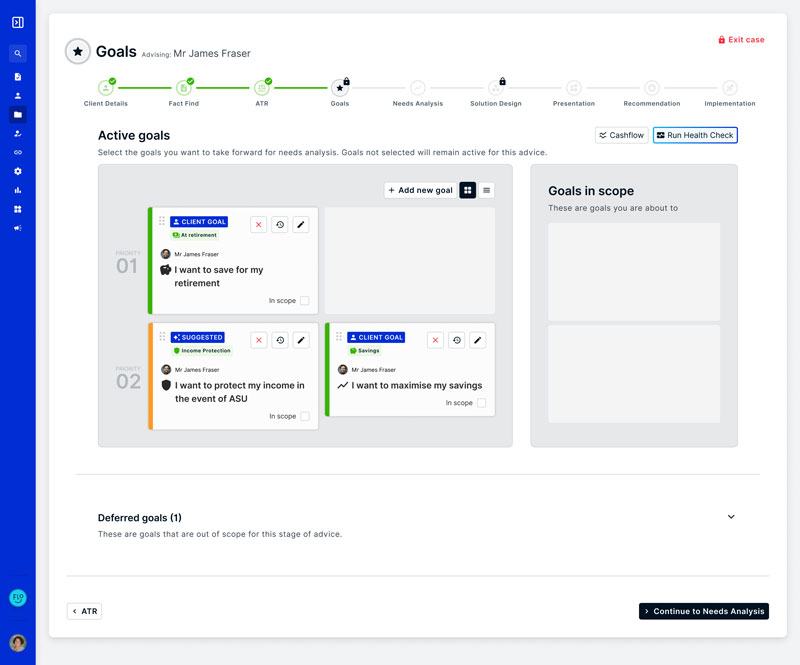 Goals Client goals stage in the redesigned adviser journey