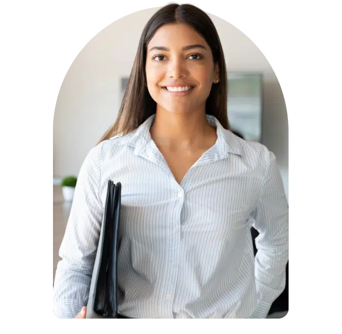 A female intelliflo employee ready with a portfolio to discuss what intelliflo can do for you with the features of intelliflo office.