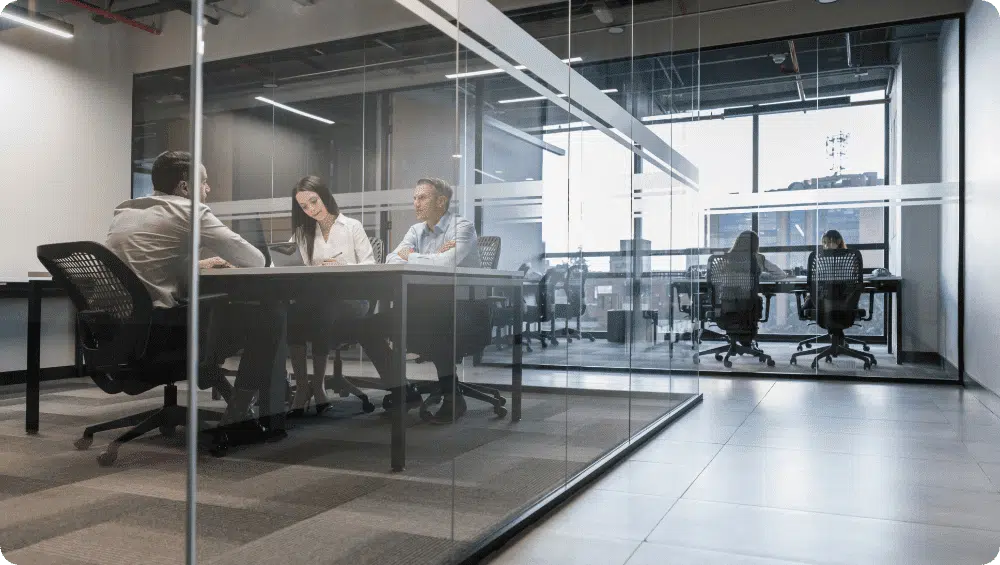 Employees in a glass meeting room discussing how to tackle the growing advice gap.