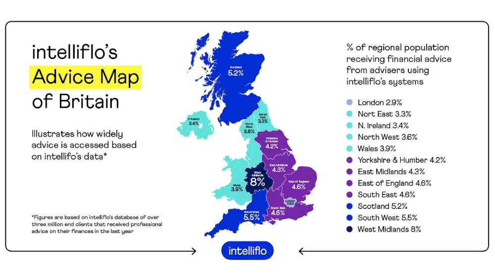 map showing percentage of population receiving financial advice from advisors using intelliflo's systems
