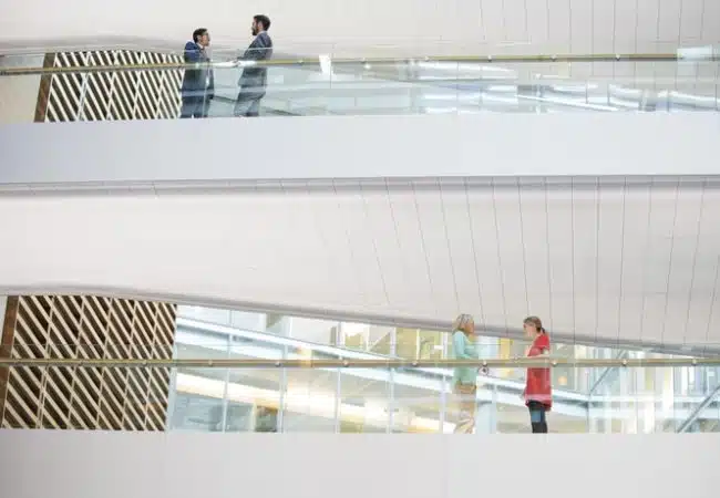 Four professional businesspeople standing on different levels of building. Two men above two women. Businessmen on higher floor than businesswomen. People standing on overhead walkway in business meetings.