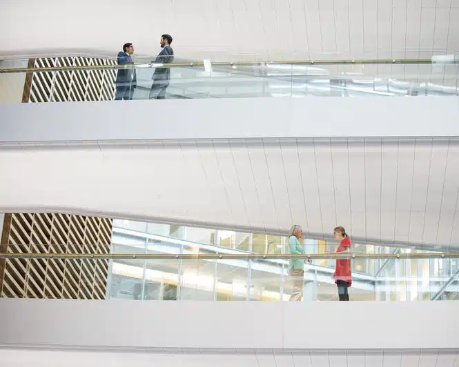 Four professional businesspeople standing on different levels of building. Two men above two women. Businessmen on higher floor than businesswomen. People standing on overhead walkway in business meetings.