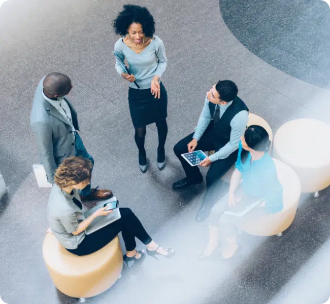 Group of colleagues in a casual meeting, photo taken from above